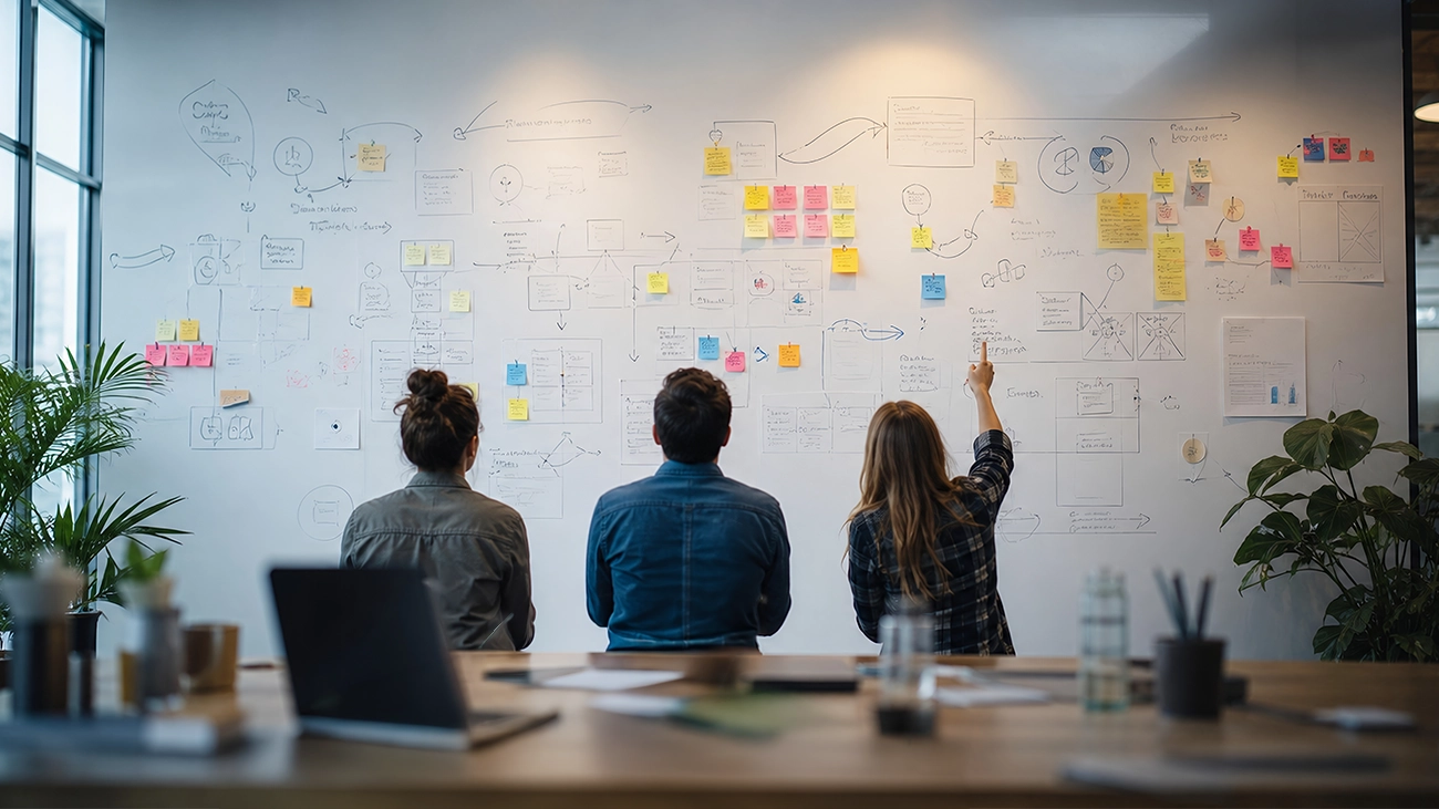 Une liste de tâches qui déborde, un tableau de projets, une équipe devant un mur de post-it